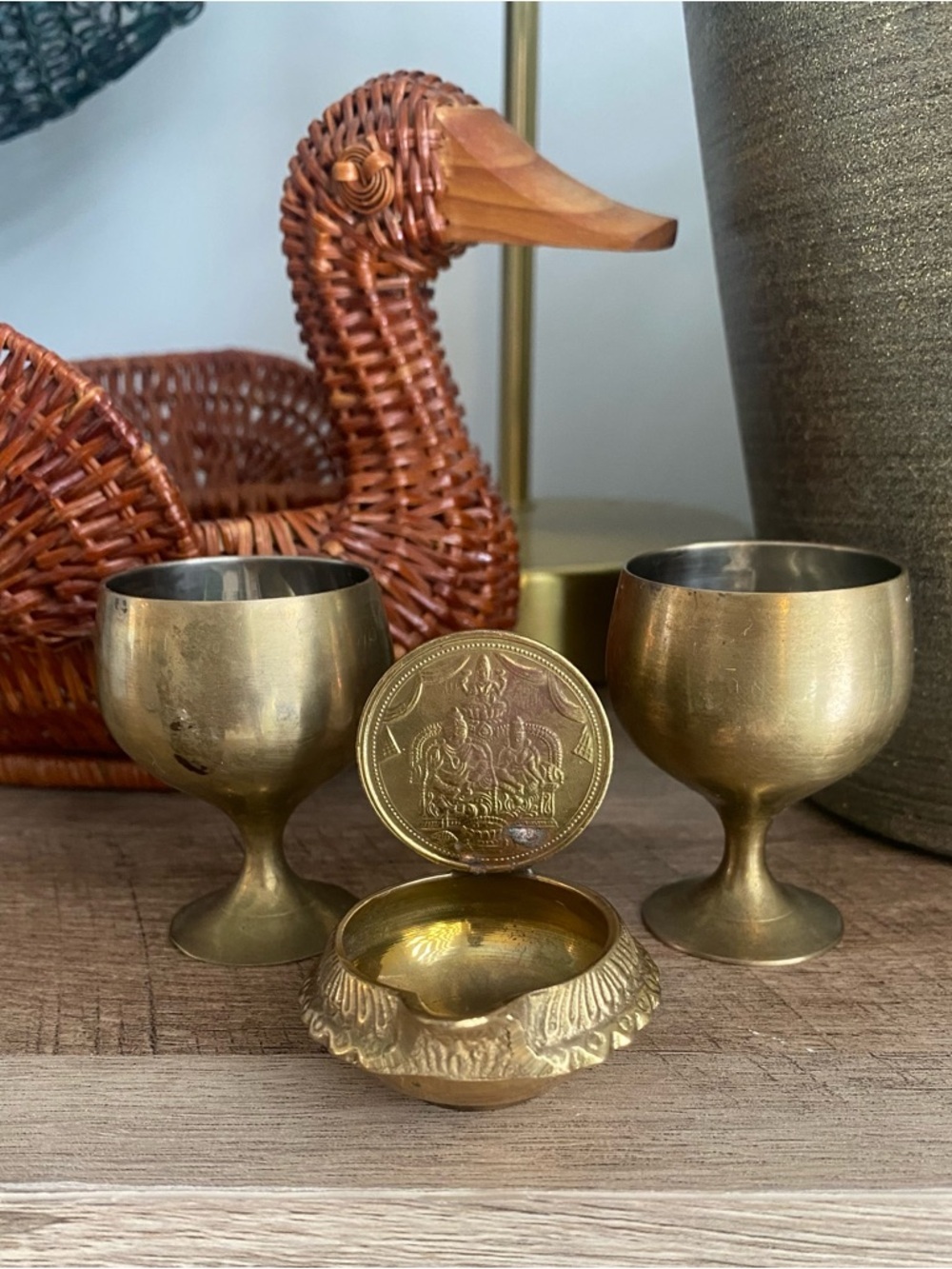 Vintage Mini Brass Goblets Set + Magic Square Lidded Dish Numerology Trinket Box